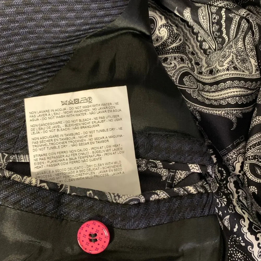 ETRO Chest Size 42 Black Navy Jacquard Wool Silk Peak Lapel Sport Coat